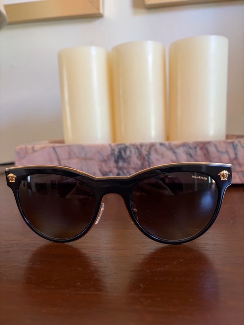 Versace Black and Gold Polarized Round Cat-Eye Sunglasses